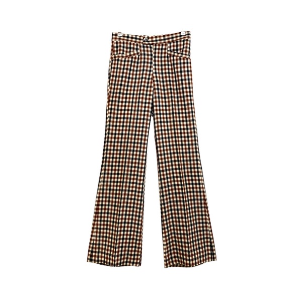 Vintage Pants - Vintage 70s Bell Bottom Trousers Nova Check Plaid Flat Front Flare Blue Brown S